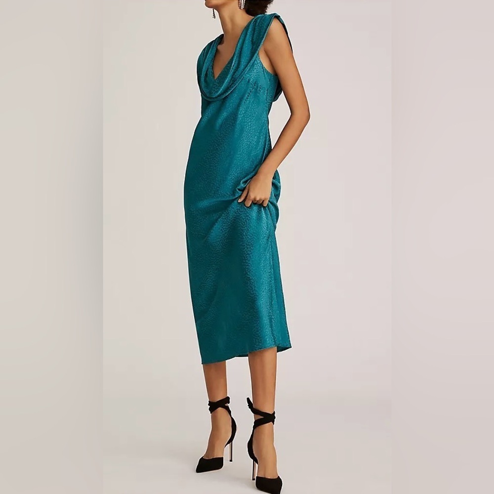 RARE Maeve NWT Cowl Neck Slip Midi Dress in Blue/Green— S